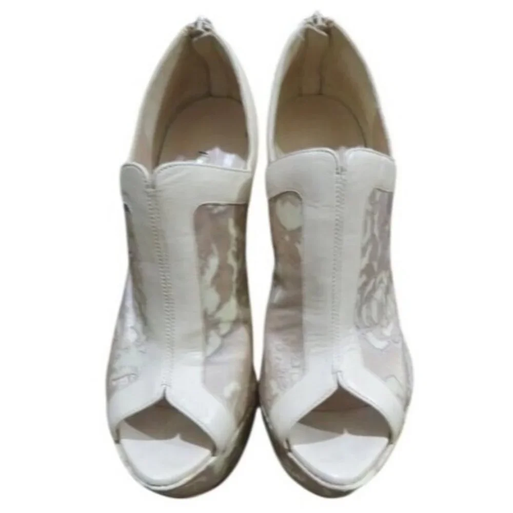Nicholas Kirkwood Tan Nude Italian Leather & Floral Velvet Lace Platform Wedge 6
